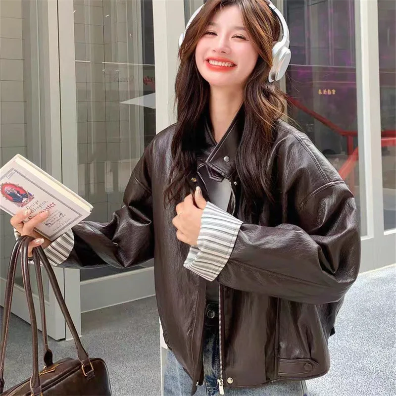 Korean Design Sense Spliced Sleeve Leather Jacket Women's Outerwear Spring Autumn New Style PU Leather Regular Length