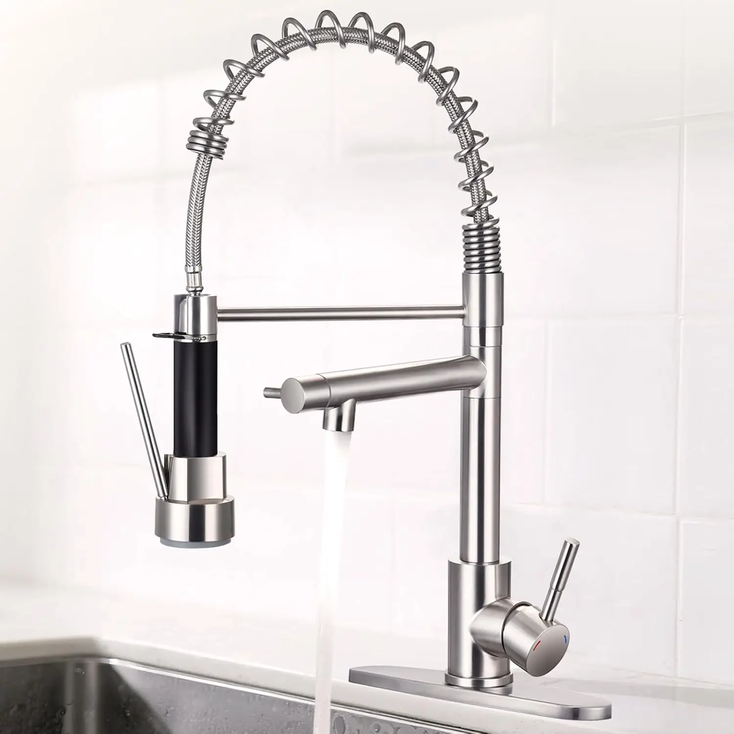 

Kitchen Faucet with Pull Down Lock Sprayer, Single Handle High Pressure Brushed Nickel Kitchen Faucet, Double-Headed Spring Stai