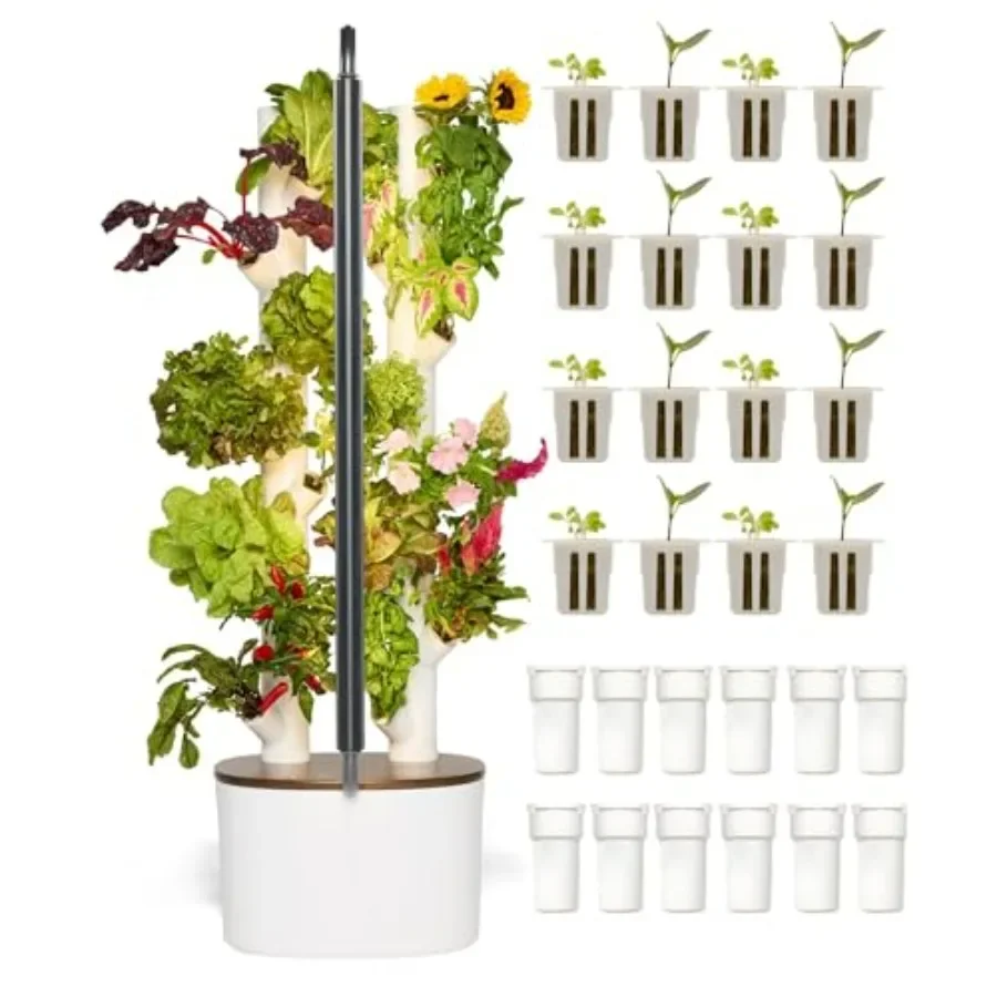 Studio 1 Vertical Hydroponics Growing System Kit for indoor gardening food-grade plastic, white, includes LED grow lights and s