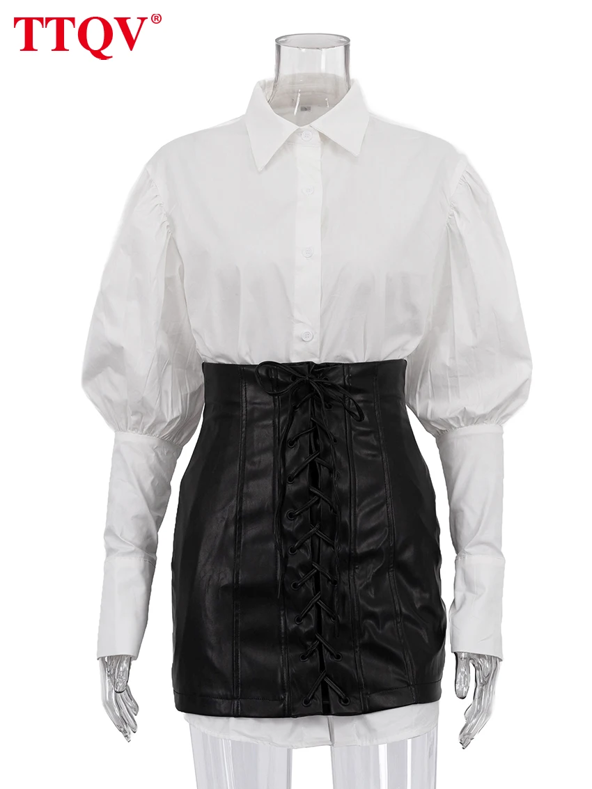 TTQV Fashion Loose White Two Piece Outfits Woman Elegant Long Sleeve Shirt With High Waist Mini Skirt Set Female Streetwear image 5