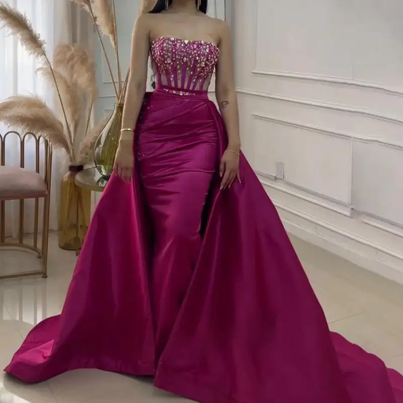 

Luxury Fuchsia Mermaid Evening Dresses With Train Beaded Top Illusion Satin Women Prom Party Gown فساتين سهرات robes de soirée