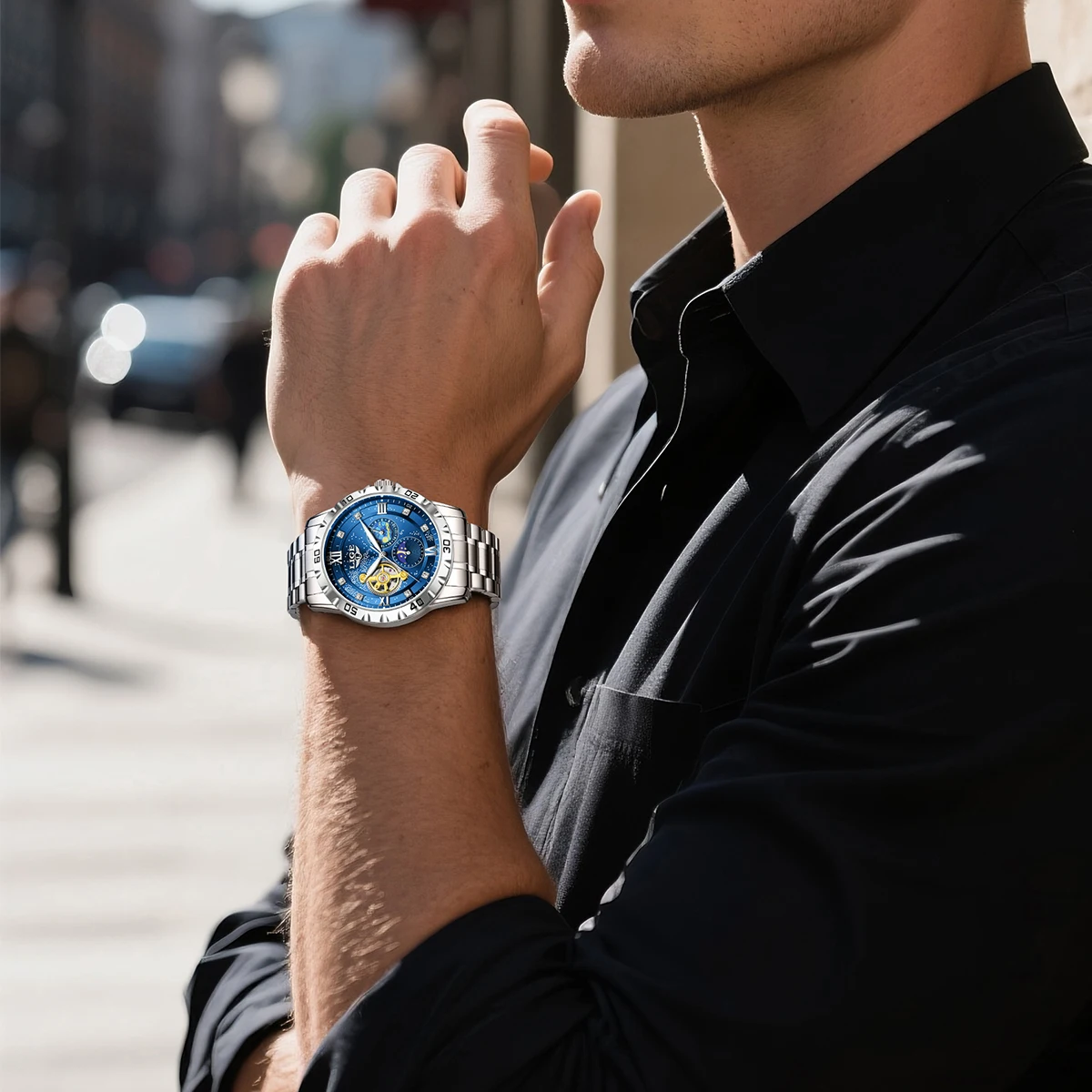 LIGE Business Men Mechanical Watches Automatic Moon Phase Man Wristwatch Hollow Tourbillon Stainless Steel Men's Watches+BOX