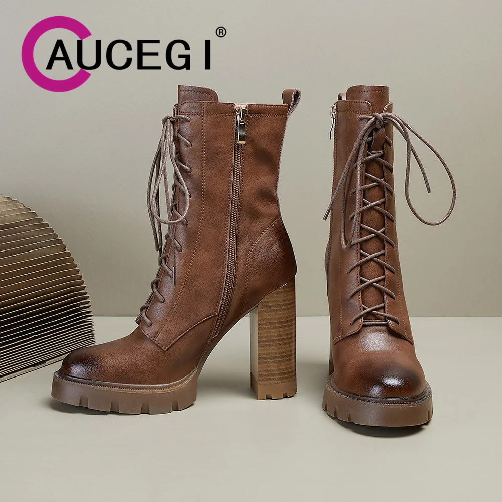 Aucegi Women Platform Block High Heeled Ankle Boots Sexy Round Toe Lace Up Zipper Classic Style Genuine Leather Versatile Shoes