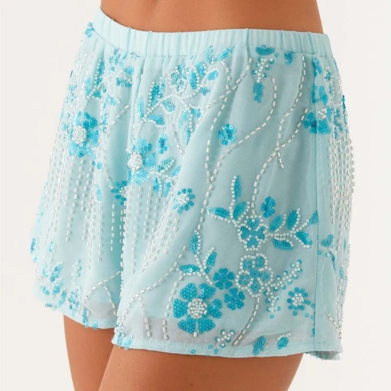 

Women Sequin Bead Flower Mini Shorts Y2K Low Rise Sparkle Floral Bead Embellished Bottoms Cute Summer New Trendy Straight Shorts