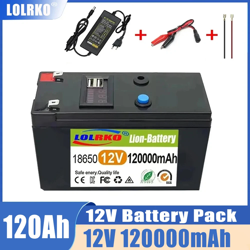 

12V Battery 120Ah 18650 lithium battery pack Rechargeable battery for solar energy electric vehicle battery+12.6v3A charger