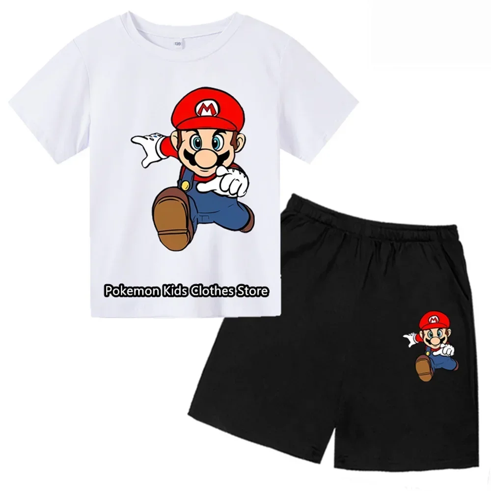 Conjunto de ropa de dibujos animados para niños y niñas, camiseta y pantalones cortos, Super Mario, 2 piezas