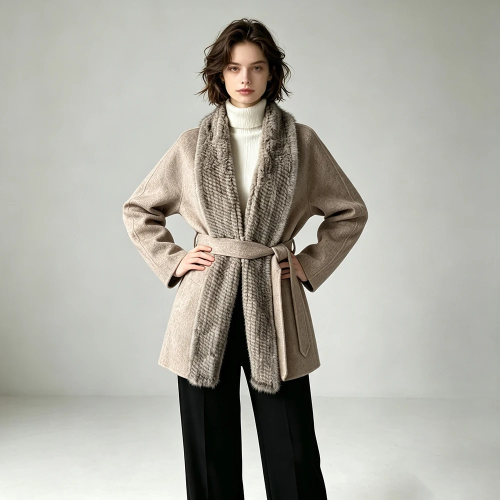 Jxwatcher Women's Wool Coat with Luxury 100% Real Mink Fur Trim 2026 New Arrival Winter Coats Female Elegance Belt Trench Jacket