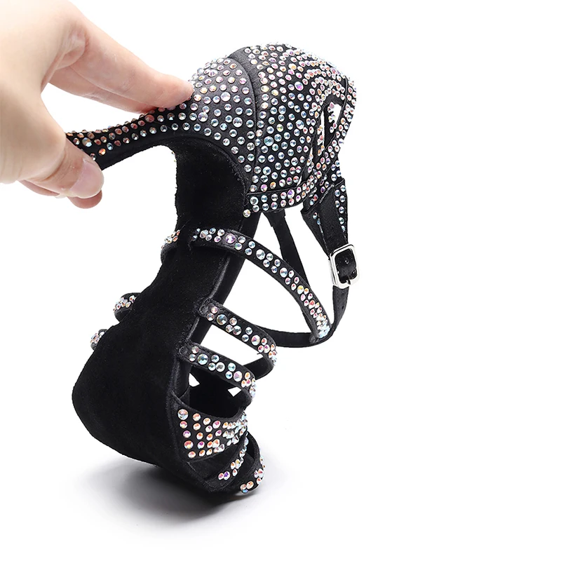 HROYL Ballroom Latin Dance Shoes Ladies Girls New Silk Satin Shiny Rhinestone Cuban High Heels Party Salsa Dance Shoes Women - Image 6