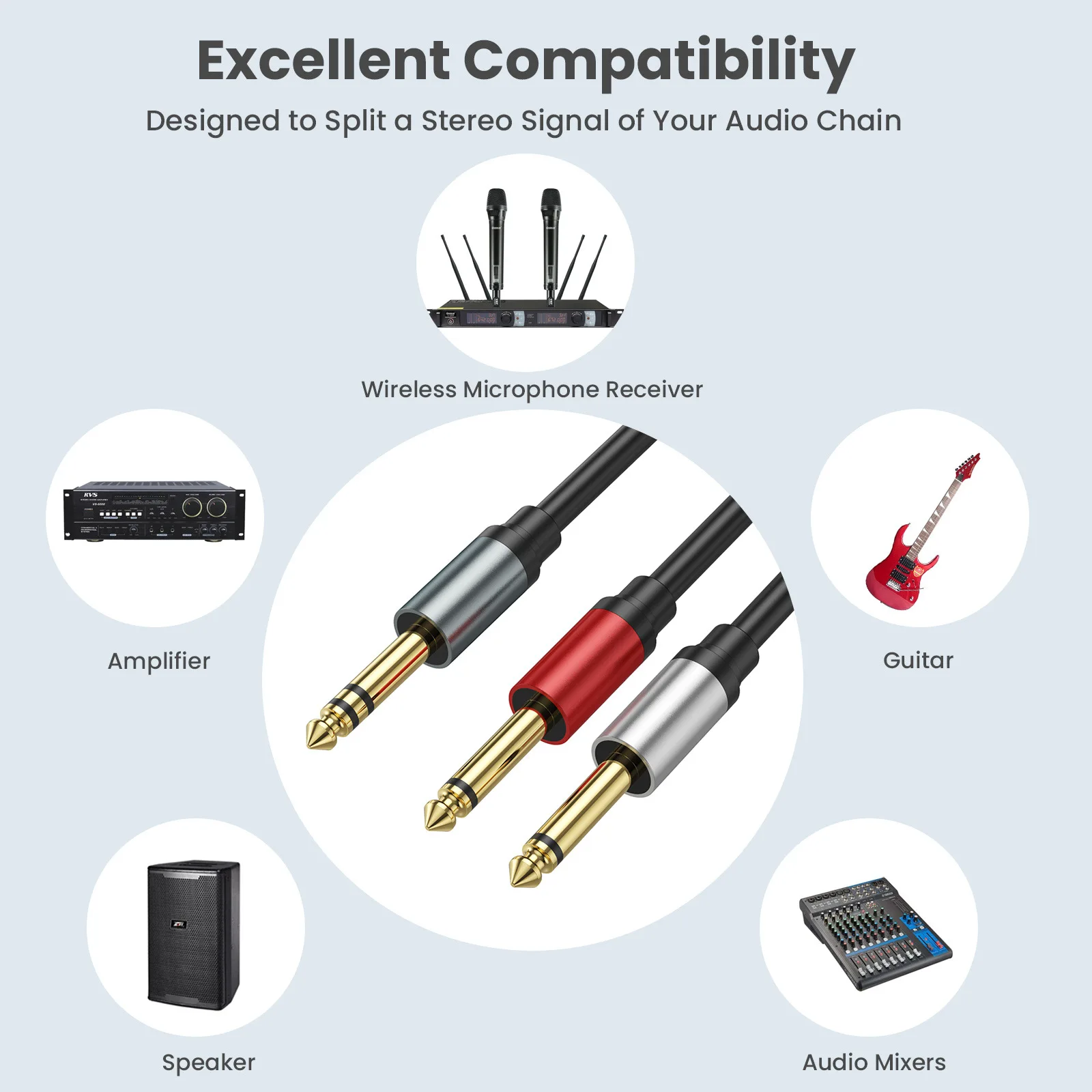 6.35mm Stereo to 2 Mono 6.35 Male Mono Y-Splitter Insert Cable 1/4 Inch Male Jack to Dual 1/4inch 6.5 Male TS Mono Audio Cable