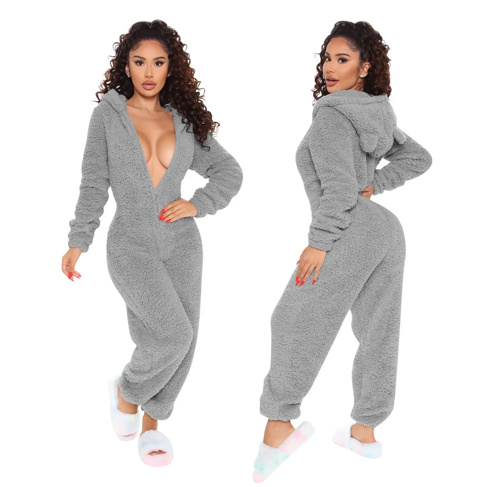 Plush Jumpsuit Women Overalls Long Sleeve Hooded Fashion Streetwear Jump Suits Autumn Winter Clothes Home Wear Pajama Playsuits