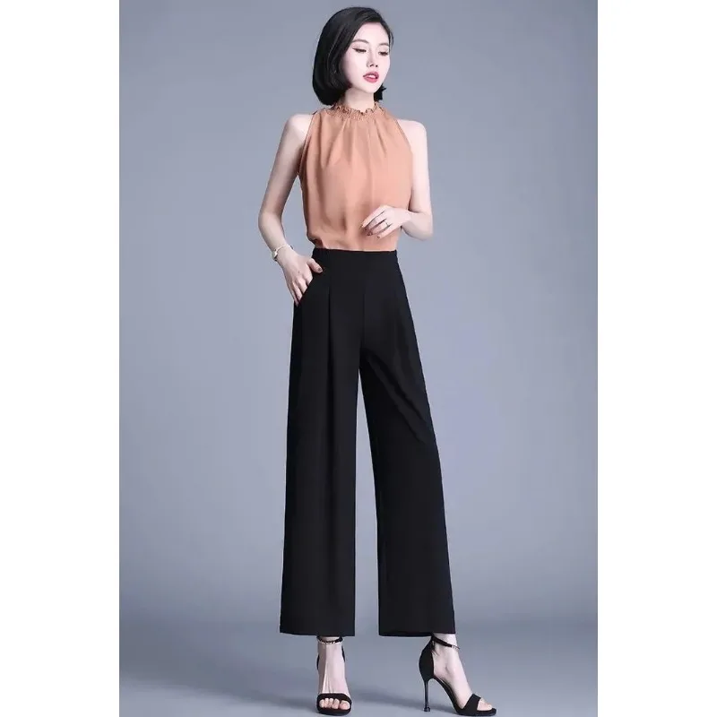 

Women Elastic High Waist Chiffon Wide Leg Pants Slim Straight Casual Trousers Available In Cropped Ankle Full Length