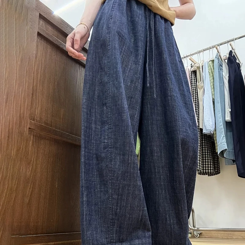S-3xl Retro Blue Denim กางเกงผู้หญิงฤดูร้อน Drawstring ยืดหยุ่นเอวตรงกางเกงเลดี้สบายๆบางกางเกงยีนส์ขากว้าง