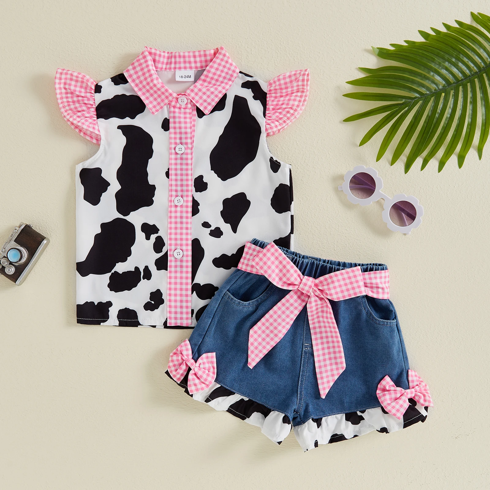 Baby Girl 2Pcs Summer Outfits Fly Sleeve Cow Print Button Shirt + Denim Shorts Set Toddler Clothes