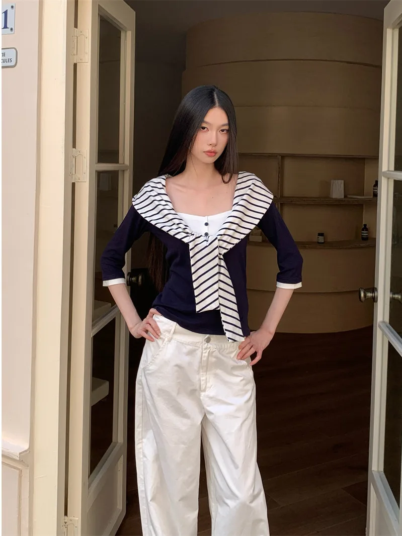Laid-back Knitted Henry Collar Split Sleeve Top Women's Base Shirt Navy Style Fake Two-Piece Seven-Quarter Sleeve Striped Knot