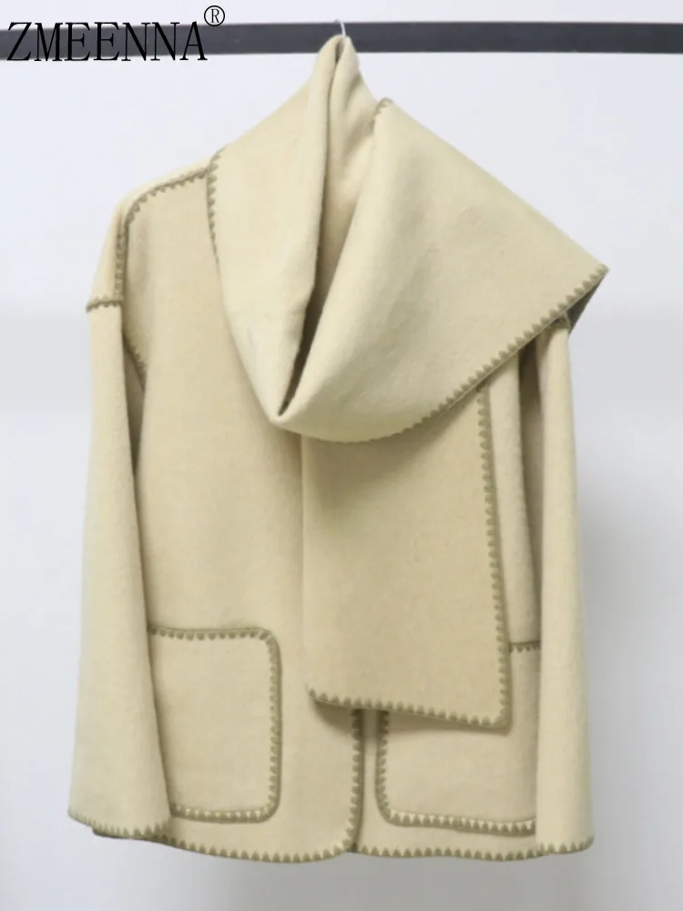 

ZMEENNA женское короткое шерстяное пальто со съемным шарфом и прошитыми краями, теплая зимняя верхняя одежда, свободная ZM4368