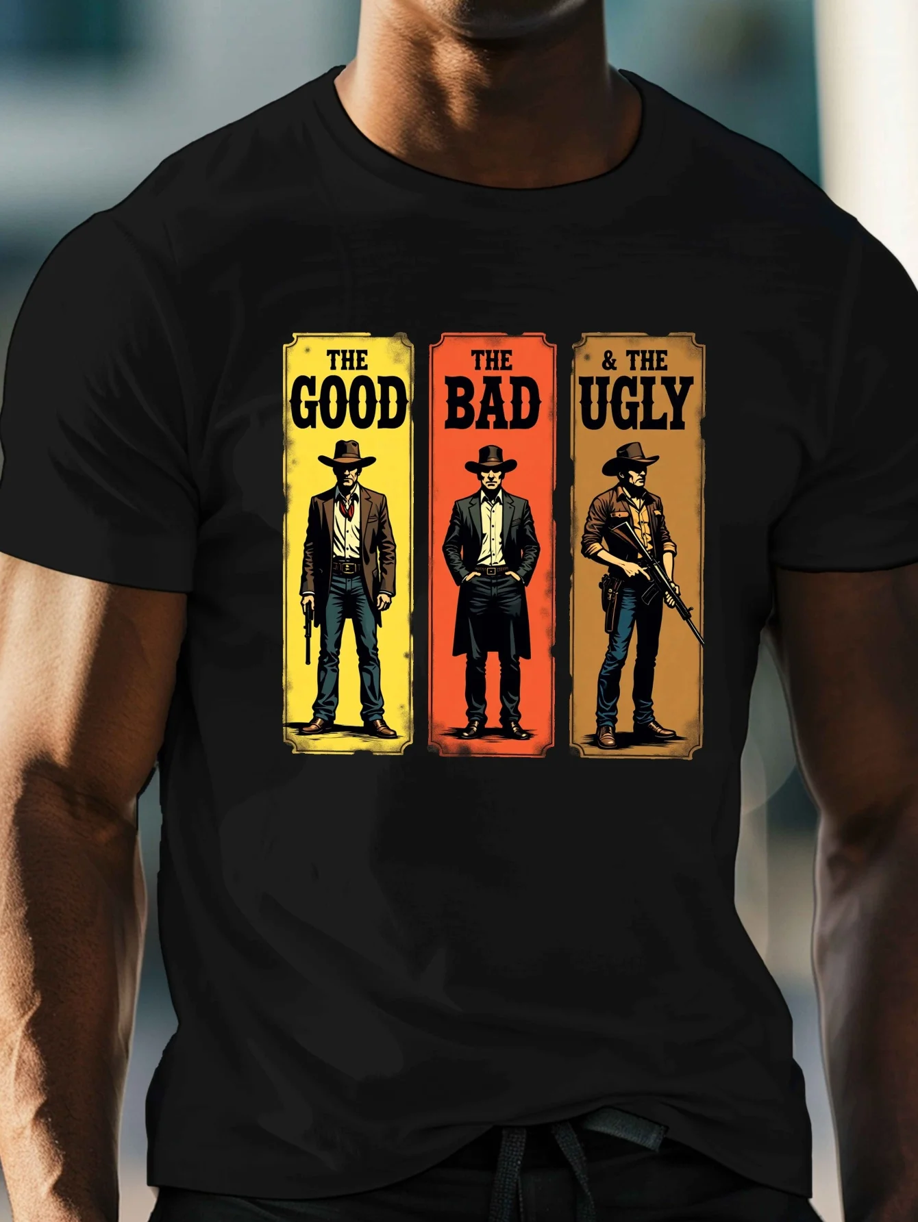 เสื้อยืดคอกลมลําลองสําหรับบุรุษพิมพ์กราฟิกเรขาคณิต "The Good, The Bad & The Ugly" ผ้าถักโพลีเอสเตอร์ 100%
