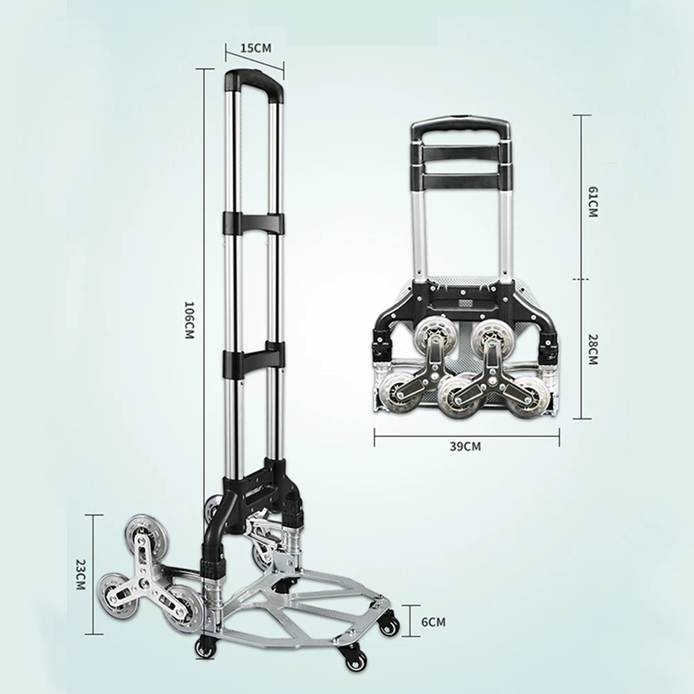 150KG All Terrain Stair Climbing Cart Hand Truck with Bungee Cord Folding Trolley for Upstairs Cargo with 6 Crystal Wheels