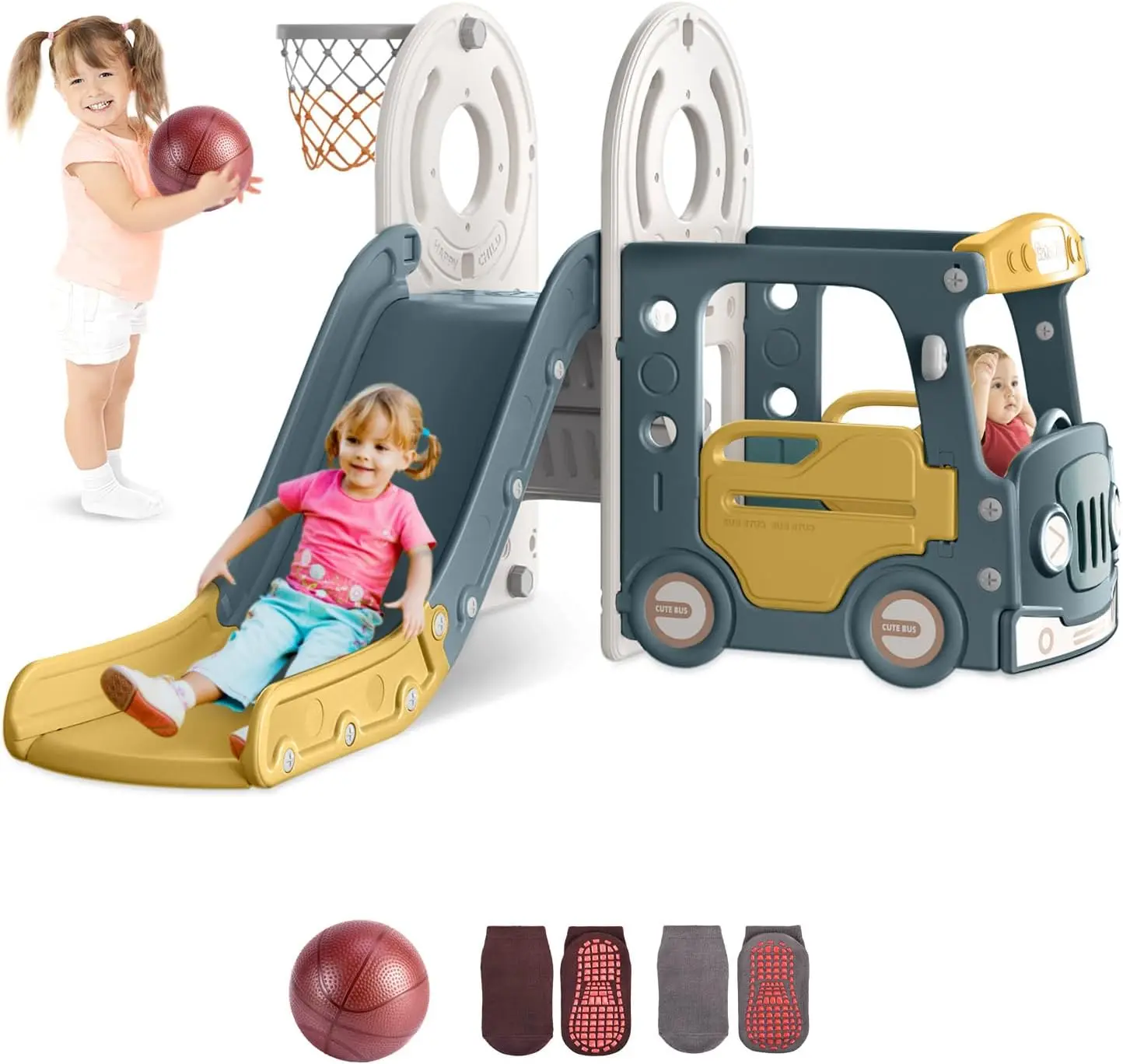 

Детская горка 4 в 1, детская горка на тему автобуса для малышей 1–3 лет, с баскетбольным кольцом, игровой площадкой в помещении и на открытом воздухе, синяя Y