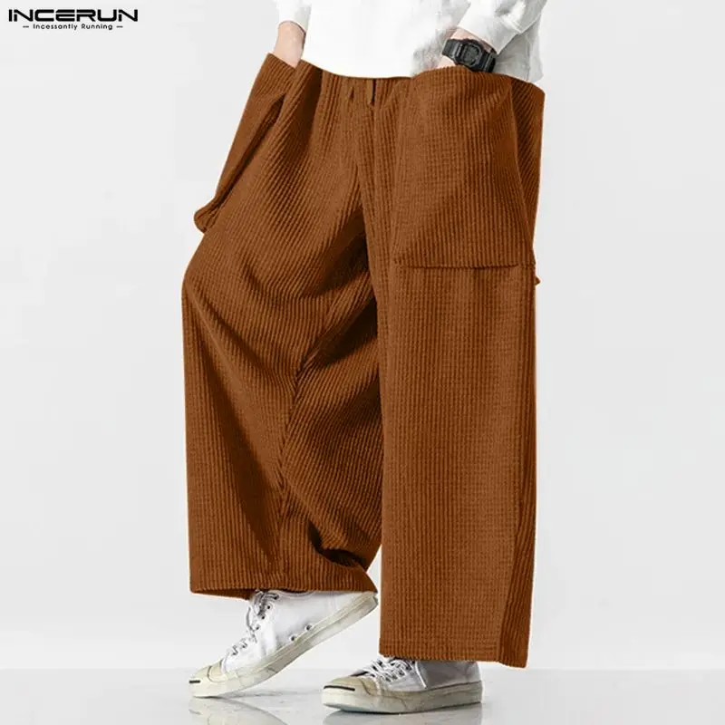 INCERUN Men's Pants Solid Color Drawstring Pockets Joggers Casual Wide Let Trousers For Man Streetwear Loose Stylish Pants 2026
