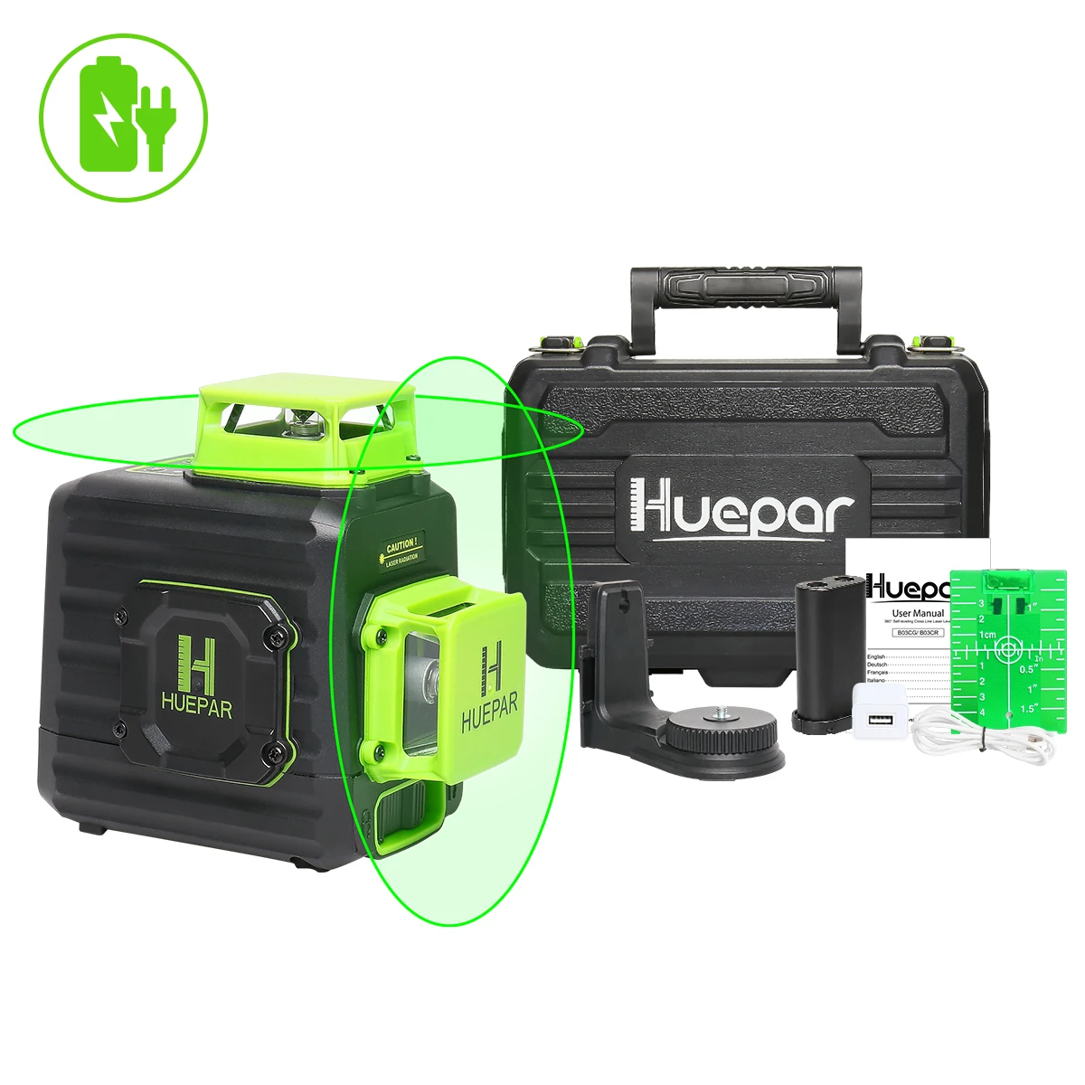 

Huepar Self-leveling B02CG With Hard Case&Type-c,360-Degree Cross Line,8 Lines Multi Outdoor Pulse Mode Green Beam Laser Level