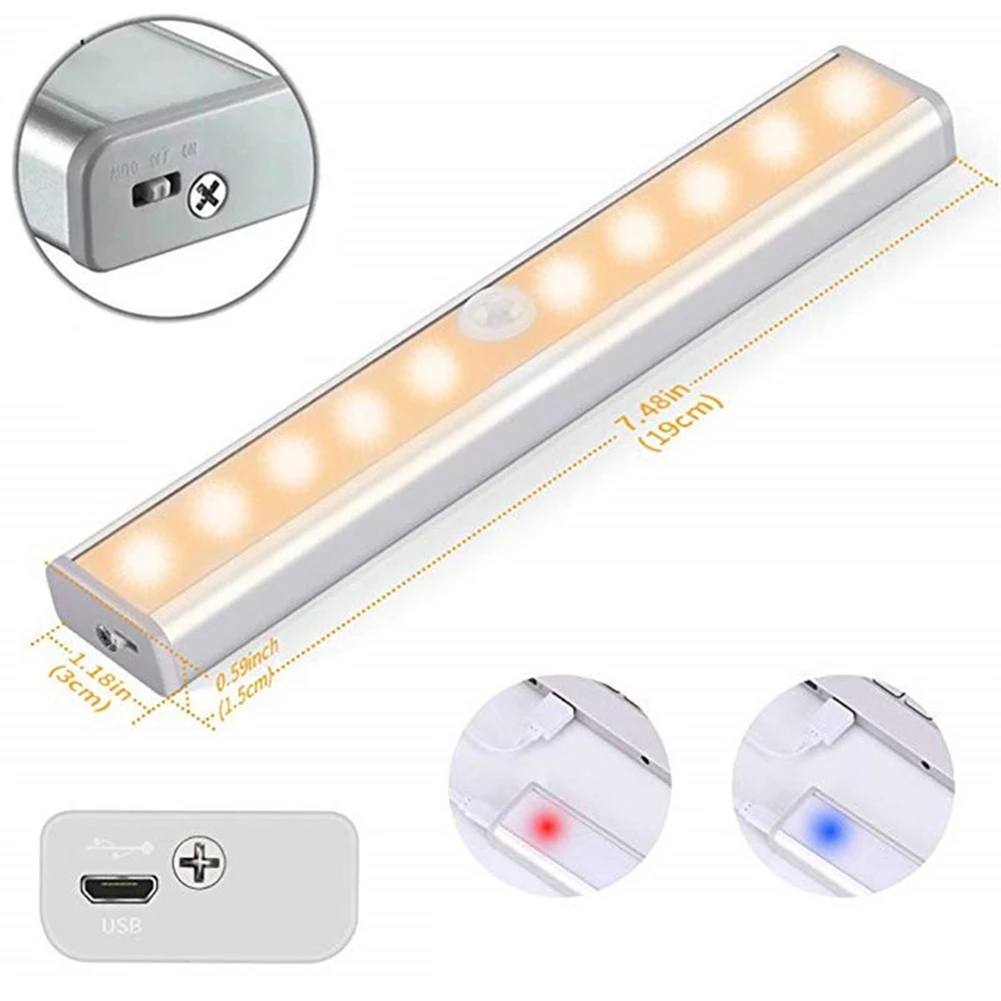 Sensor de Movimento LED Night Light, USB Recarregável, Lâmpada para Cozinha, Gabinete, Roupeiro, Escada, Branco