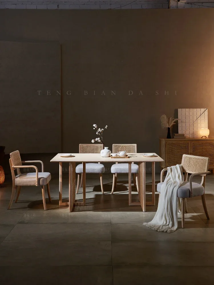 Solid Wood Rattan Home Dining Tables and Chairs Set Modern Minimalist Dining Table
