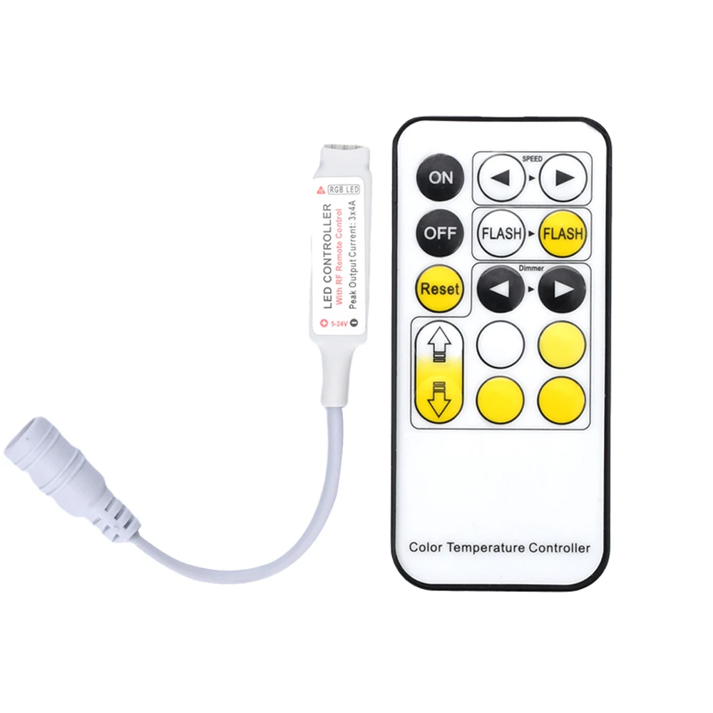 

DC5-24V Mini 15 Keys Dual Color Temperature LED Strip Light Controller RF LED Dimming Controller 8-15M Remote Control Distance