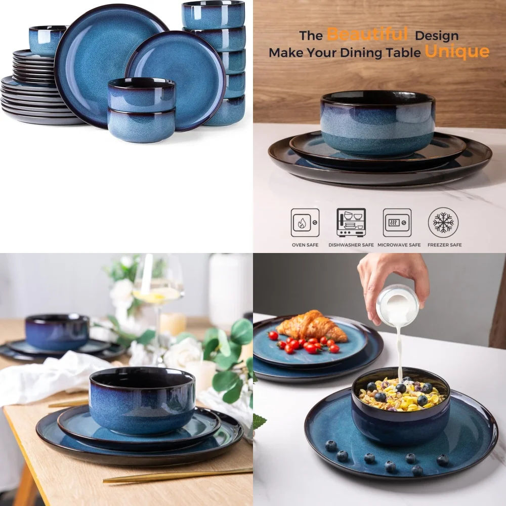 

Набор керамической посуды Набор керамической посуды из 24 предметов для 8 каменных тарелок и мисок с синей реактивной глазурью