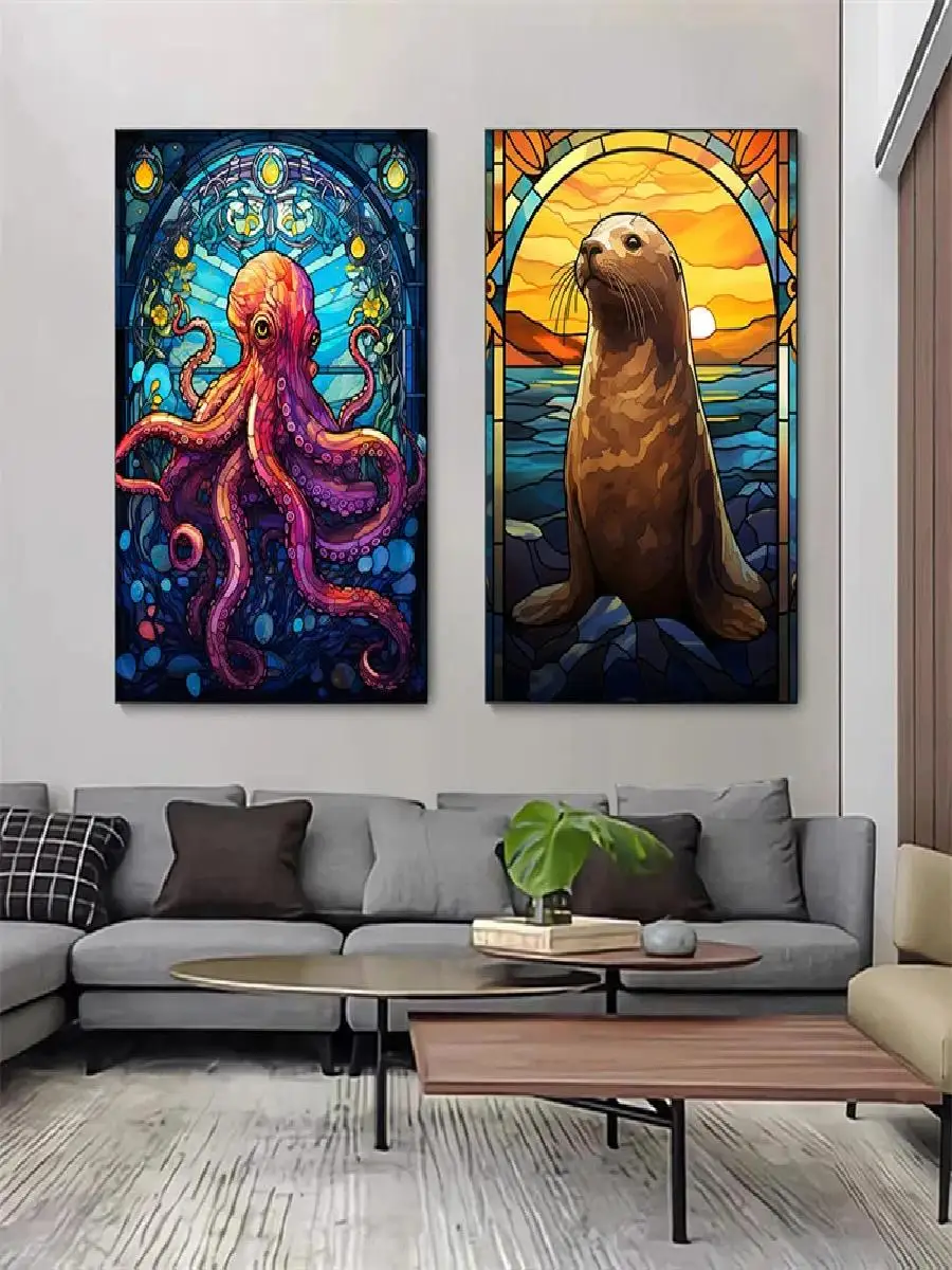 Colorful Sea Life Stained Glass Wall Art  Clownfish Sea Turtle Octopus Whale Canvas Posters  Abstract Animal Pictures for Home D