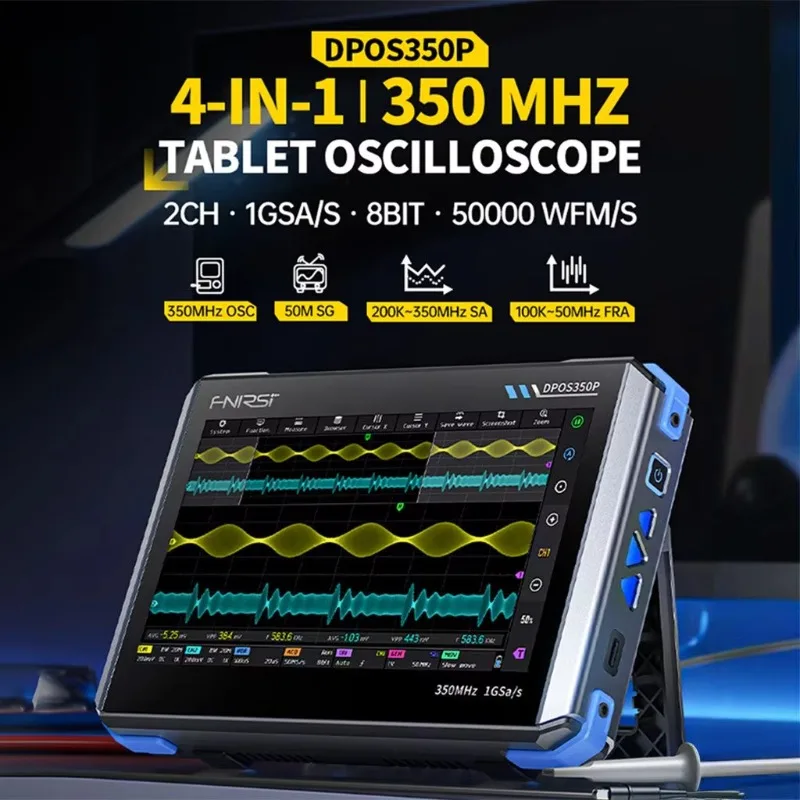 Osciloscópio digital com tela sensível ao toque DPOS350P 4 em 1, 2 canais, 350MHZ, multímetro digital automático de 8 bits, display de 7 polegadas