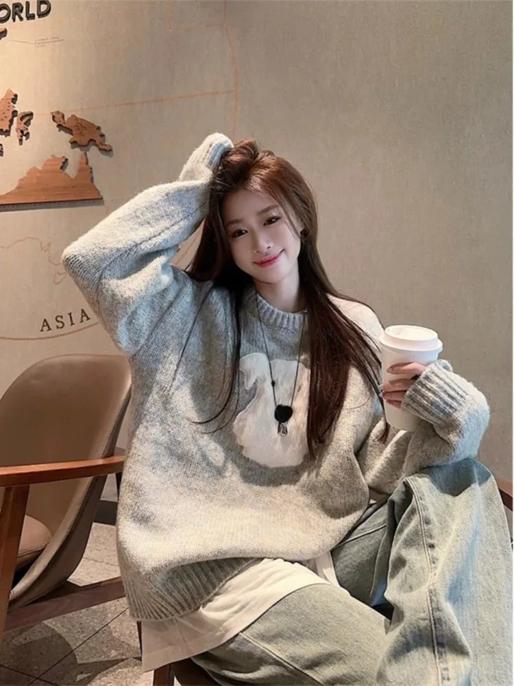 かわいい毛皮のウェスティ ‌   ニットセーター女性秋冬厚い特大ラウンドネックプルオーバー漫画子犬カジュアルニットウェアトップ