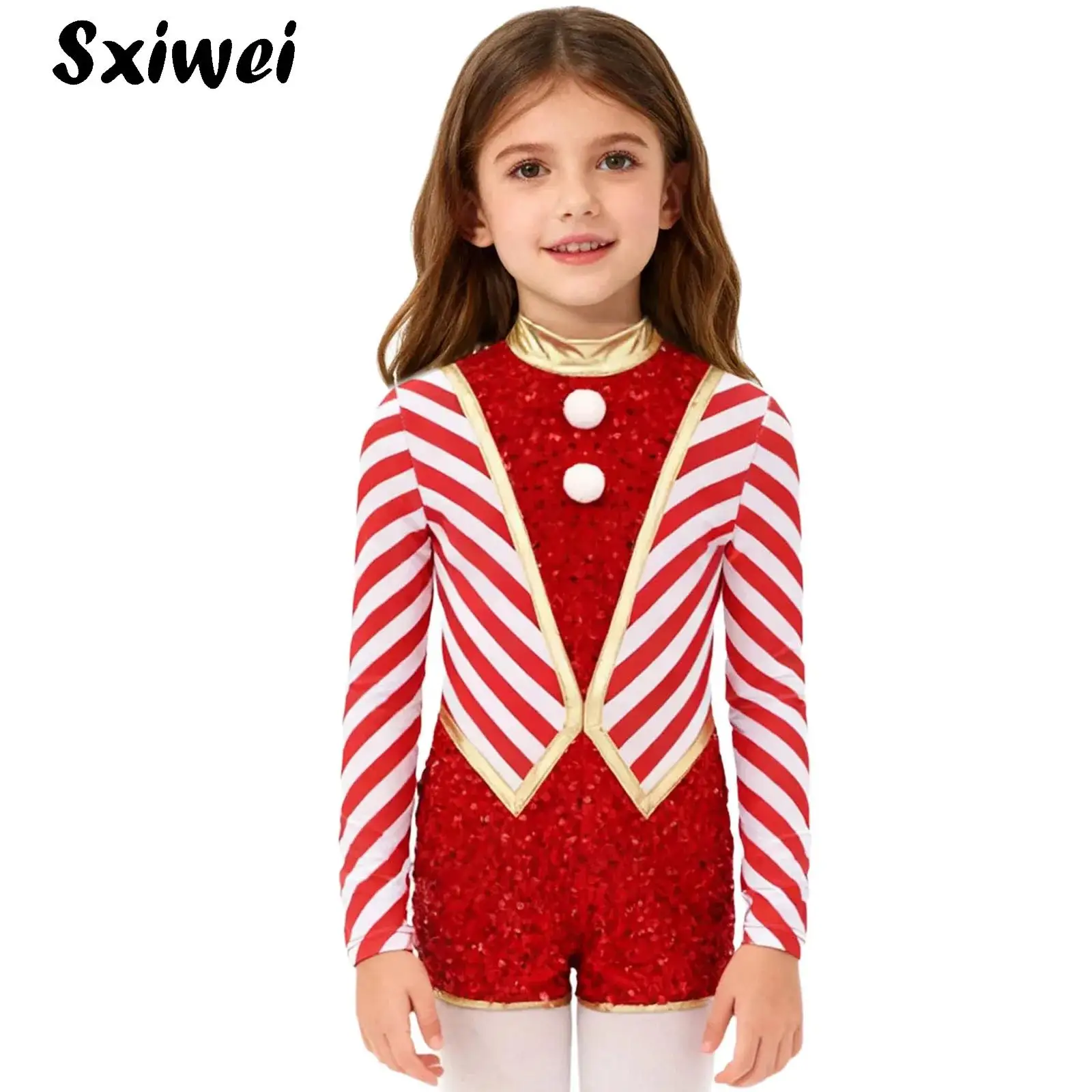 

Kids Girls Christmas Candy Cane Bodysuit Shiny Sequins Ballet Dance Gymnastics Leotard Xmas New Year Party Performance Costume