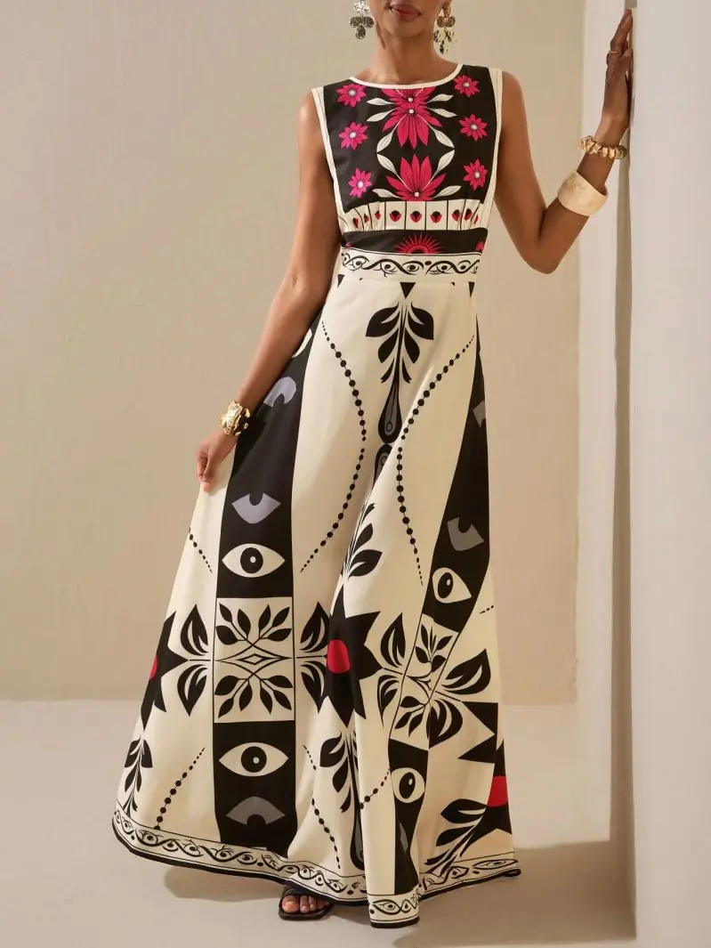 Retro Style Round Neck Sleeveless High Waisted Long Dress Slimming Cinched Waist Big Swing Skirt Vac Dress