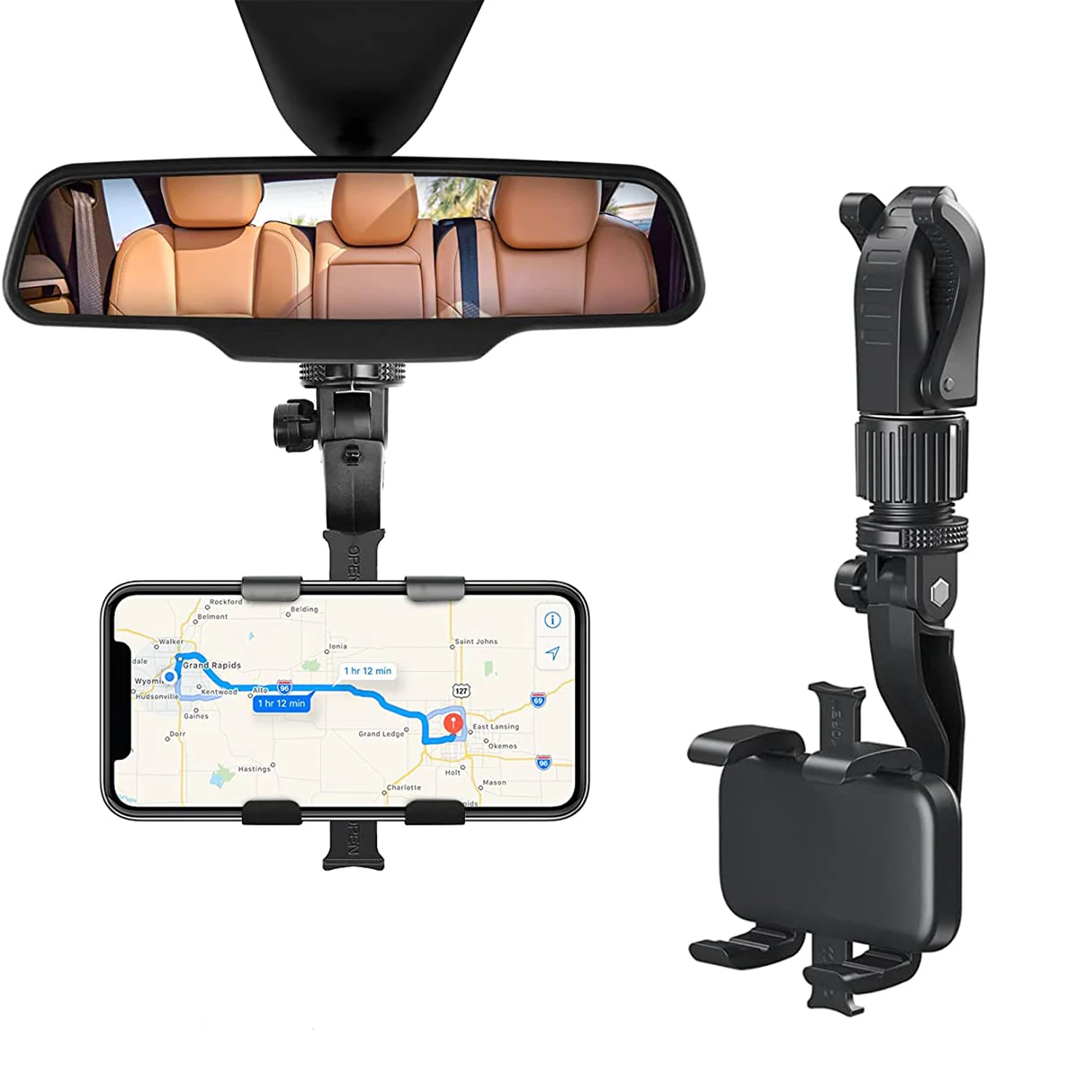 Universal Multifunction 360 Car Phone Holder Rotatable Auto Rearview Mirror Seat Hanging Clip Bracket Adjustable Clip Lazy Stand