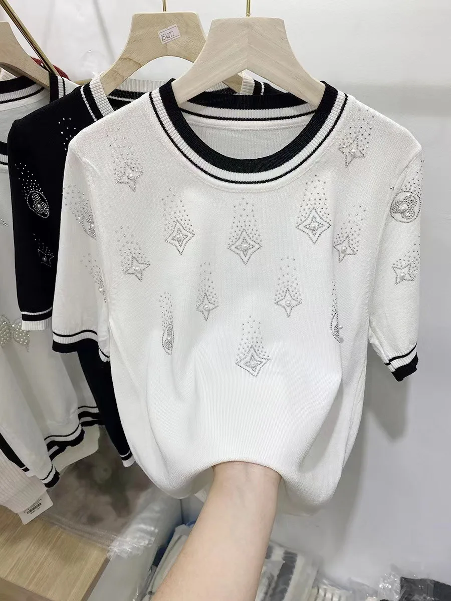 Stylish Sweater For Women Summer 2024 New Fashion Beading Embroidery Short Sleeve Knitwear Tops Elegant Chic Ladies Jumper