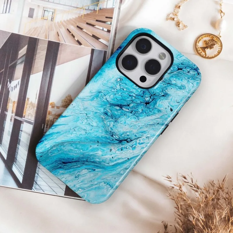 Blue Liquid Marble Phone Case For IPHONE 16 15PRO MAX 14 13 12 11 Acrylic TPU Two in one magnetic Phone Cases