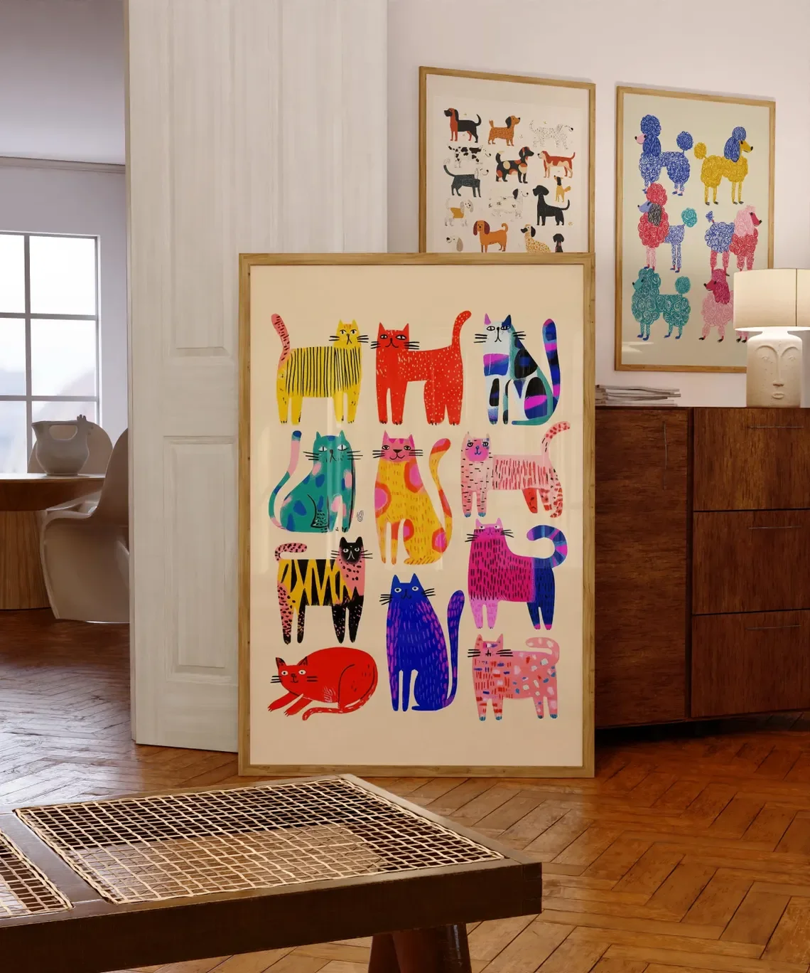 Skurrile Katzen-Kunstdruck, abstrakte Katzen-Wandkunst, moderner Pop-Art-Katzen-Druck, skurrile Tierplakat, bunte Katzen-Wandkunst, Ziffer