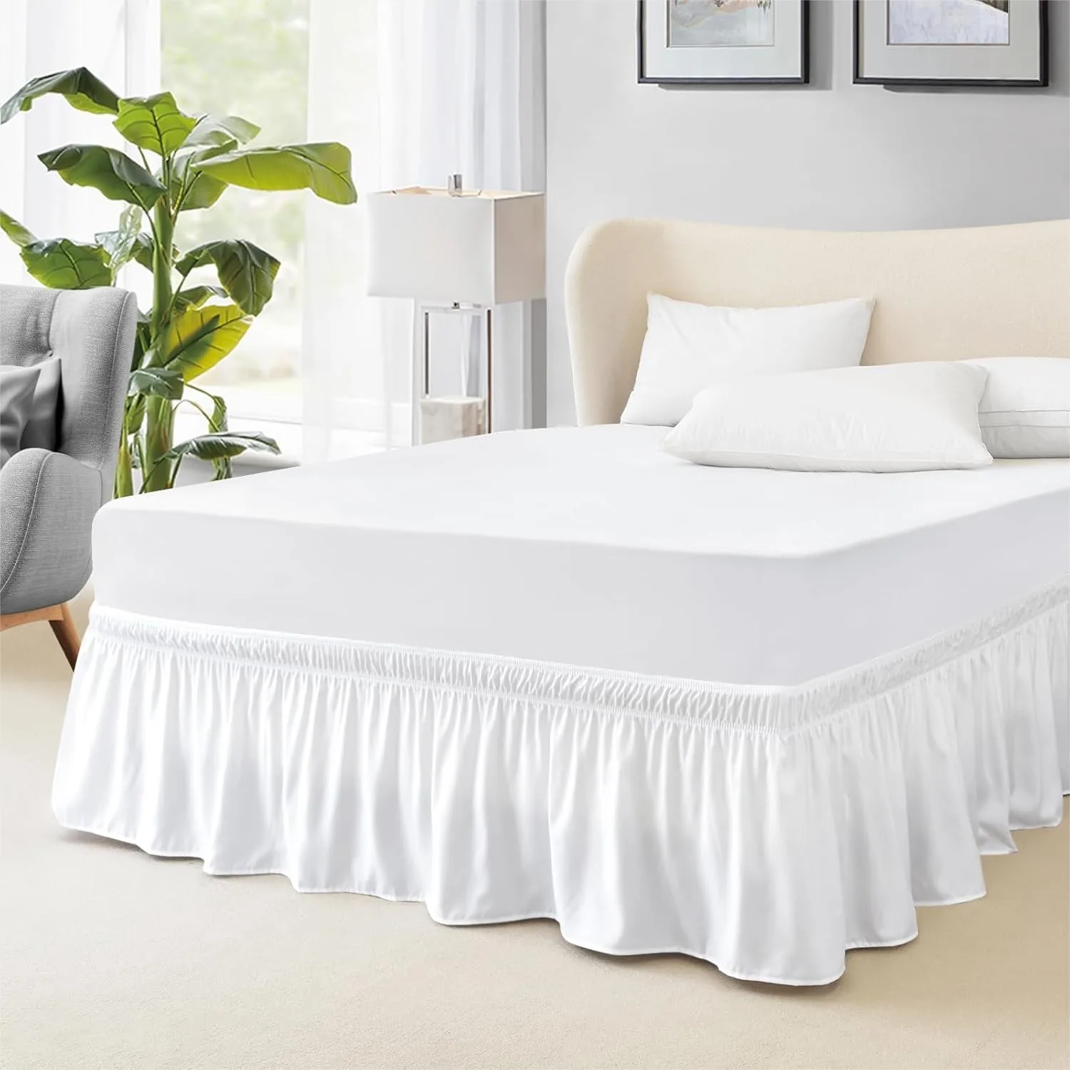 

Queen Bed Skirt with 15-Inch Drop, Elastic Wrap Around Bed Skirt for Adjustable Beds, Easy Fit Microfiber Dust Ruffle, White