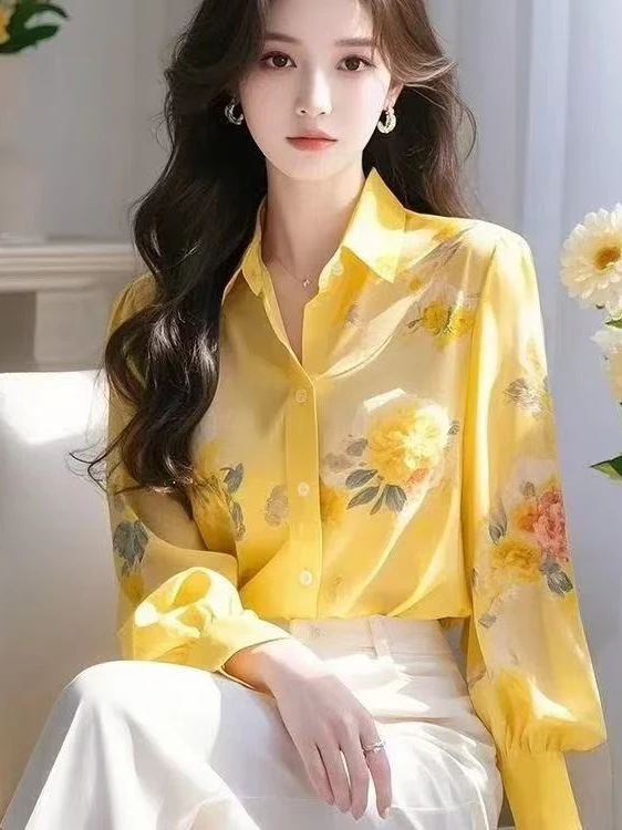 

Hong Kong Sle Retro Chic Women's Yellow Floral Print irt Versatile Loose Fit Long Sve Collar Spring Faion