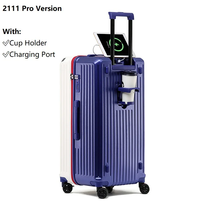 2024 Nieuwe Grote Capaciteit Bekerhouder Bagage Koffer USB Opladen Vrouwen Meisje Handbagage Boarding Bagage Reizen 20/24/26/28 inch