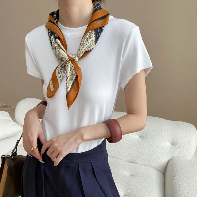 

2025 Spring And Autumn Fashion Simple Round Neck Pullover Top Straight Shoulder Slim Short Sleeve T-shirt - With Silk Scarf