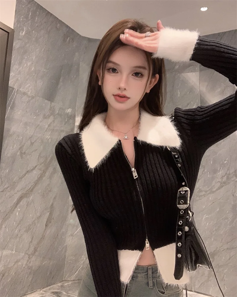 Zip Up Ribbed Knit Top with Fuzzy Collared Long Sleeve Crop Sweater Cardigan for Women Teen-girl Y2K 90s Outfit