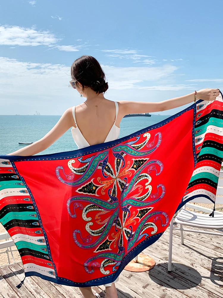 Summer Vintage Elegant Women Silk Scarf Sarong Beach Wrap Shawl Floral Print Lady Sunscreen Bandana Hijab Bohemian Scarve Pareo