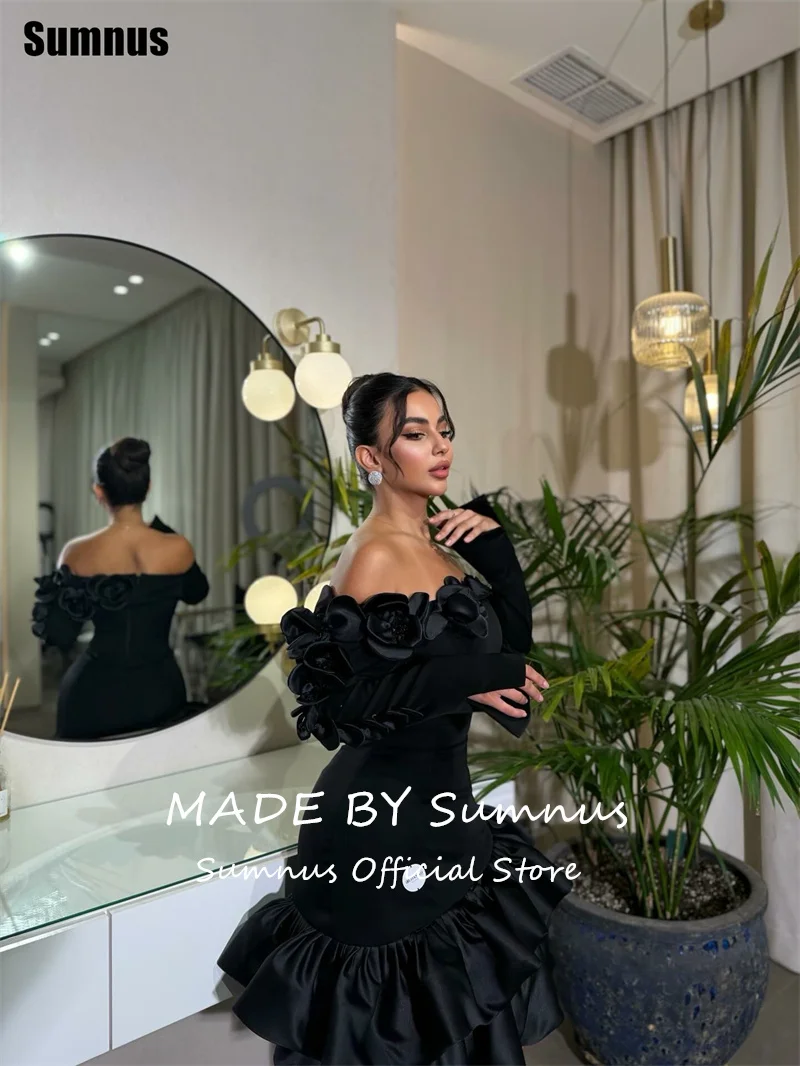 Sumnus بسيط أسود حورية البحر فساتين لحضور الحفلات الموسيقية قبالة الكتف Ruched طول الركبة فساتين الحفلات حفل Fساتين Shret مخصصة