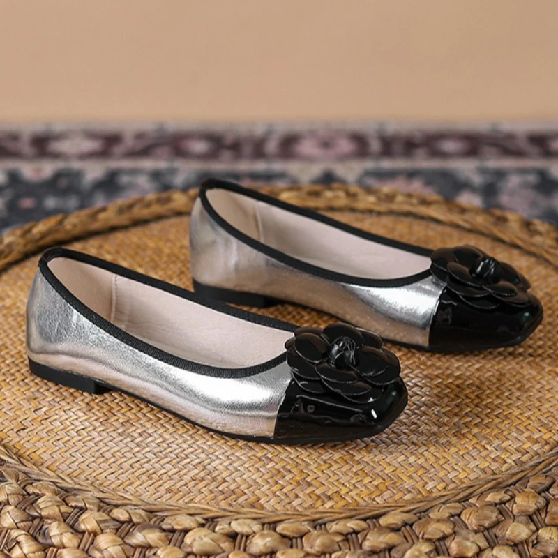 Spring Autumn New Square Head Shallow Mouth Single Shoe for Women Comfortable Soft Bottom  Color blocked Single Shoe