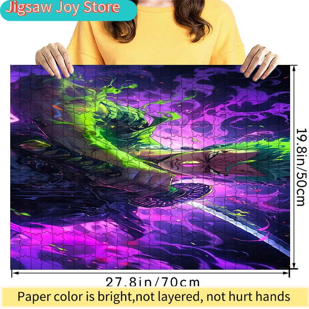 

One Piece Roronoa Zoro Conqueror's Haki Green Purple Flame Art Paper Jigsaw Puzzle, Epic Swordsman Battle Scene Paper Puzzle, Co