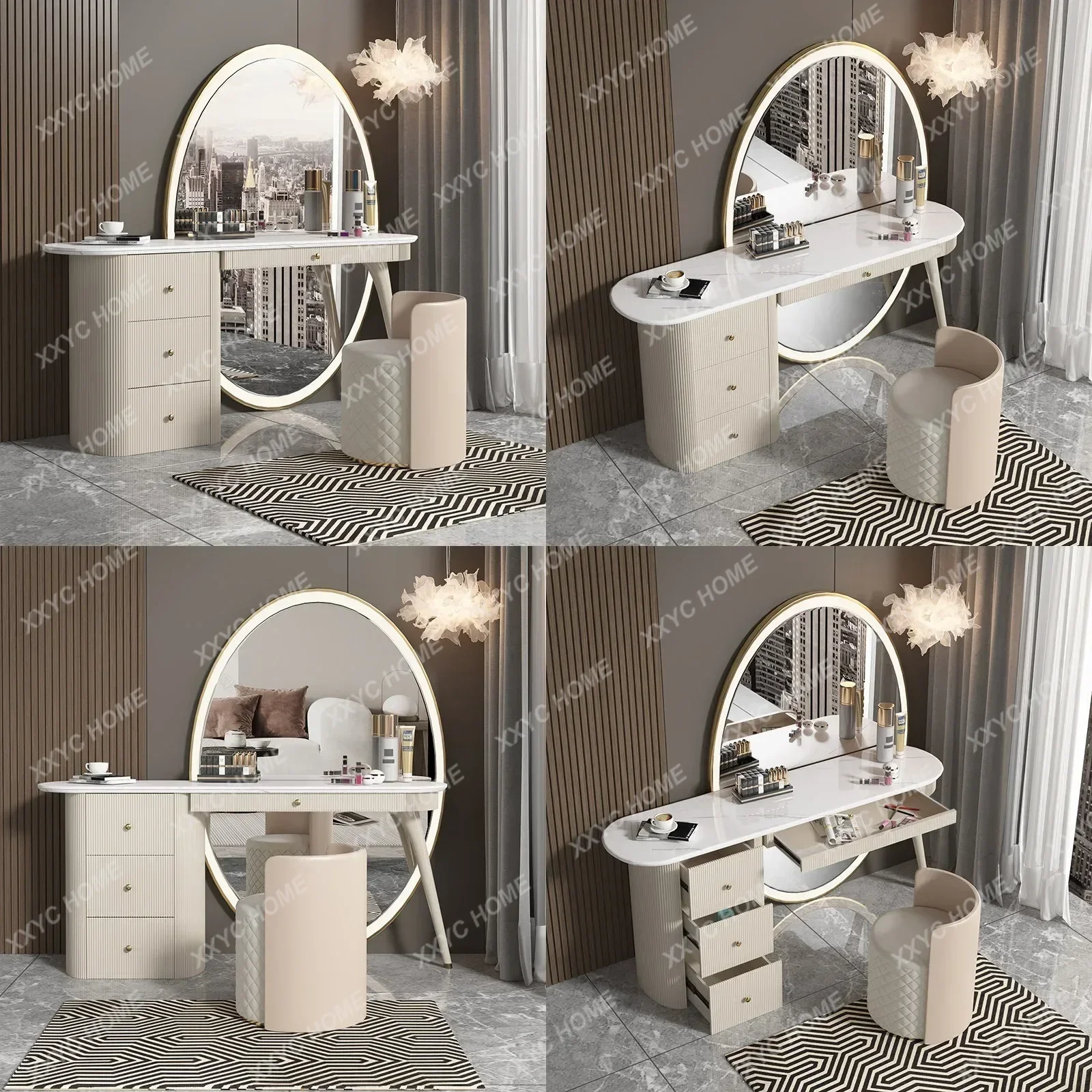 XX Minimalist Luxury Dressing Table With Stool, Full-Length Mirror & Storage Cabinet, Modern Vanity Set For Bedroom