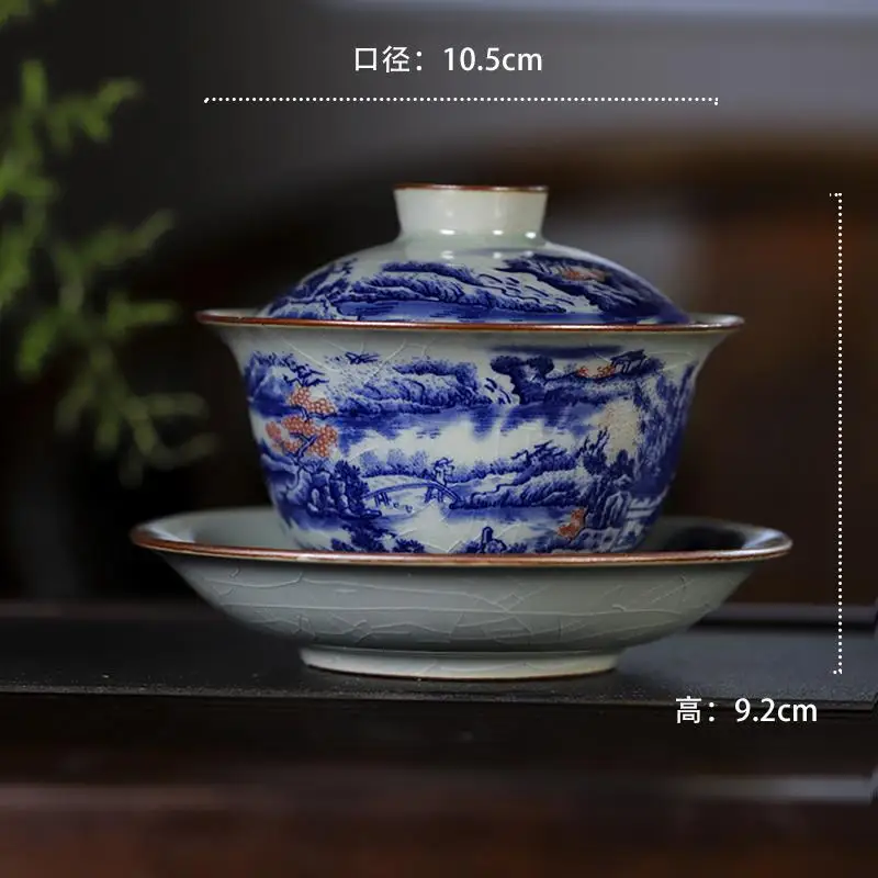 Jingdezhen Old Clay JS Dujiao Gaiwan Ceramic Household Retro Blue and White Tea Bowl Gracked Glaze Supportable