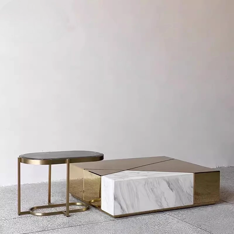 

Italian minimalist designer square edge table living room household natural marble mirror splicing combination coffee table