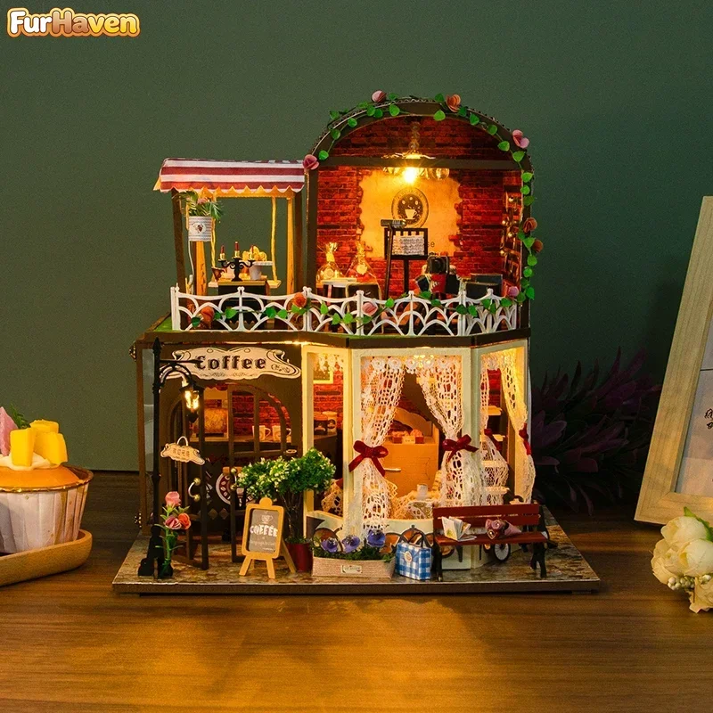 

Raya's Time Cottage Doll Houses DIY Wooden Miniature Building Kits With Furniture Light Casa Dollhouses Friends Birthday Gifts